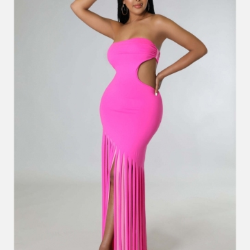 Fringe Cut Out Solid Strapless Maxi Dress