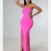 1Fringe Cut Out Solid Strapless Maxi Dress