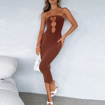 Hollow-Out Solid Strapless Designer Maxi Dress