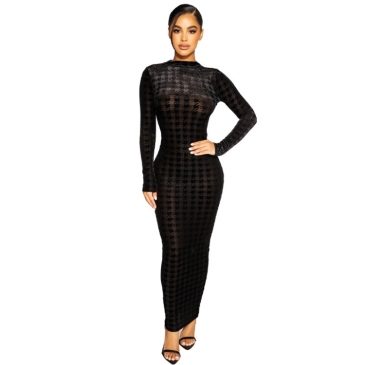 Houndstooth Long Sleeve Backless Maxi Dress