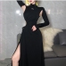 6Individual Embroidery Long Sleeve Turtleneck Slit Dresses