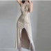1Individual Patchwork Sleeveless Hollow Out Slit Dress