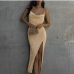 3Ladies Elegant Cowl Neck Spaghetti Strap Split Maxi Dress