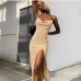 1Ladies Elegant Cowl Neck Spaghetti Strap Split Maxi Dress