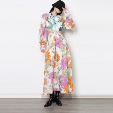 Ladies Lantern Sleeve Spring Floral Print  Maxi Dress 