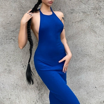 Ladies Solid Backless Halter Maxi Dresses