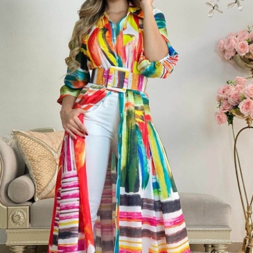 Multicolored Printed Long Shirt Dresses For Women