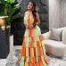 3Multicolored Sleeveless Halter Layered Floor Length Dress