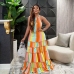 4Multicolored Sleeveless Halter Layered Floor Length Dress