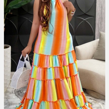 Multicolored Sleeveless Halter Layered Floor Length Dress