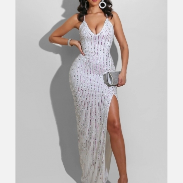Night Club Backless Lace Up Sequined Maxi Dress
