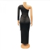 3One Shoulder Solid Ruched Zipper Up Maxi Dress