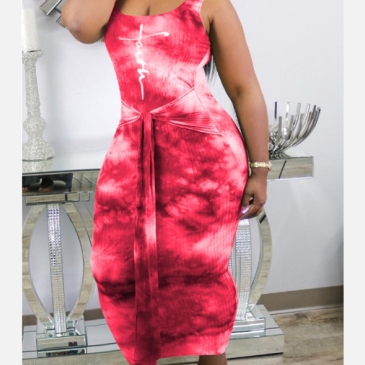 Plus Size Tie Dye U Neck Sleeveless Maxi Dress