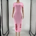 6Pure Color Holes Short Sleeve Maxi Casual Dresses