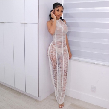 See Through Open Back Halter Neck Maxi Dress