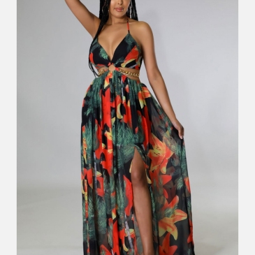 Sexy Backless Halter Chain Patchwork Maxi Dress