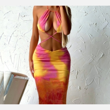 Sexy Halter Backless Tie Dye Sleeveless Maxi Dress