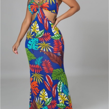 Sexy Printed Hollow Out Backless Maxi Dresses