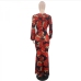 6Sexy V Neck Print Long Sleeve Maxi Dress