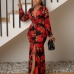 1Sexy V Neck Print Long Sleeve Maxi Dress