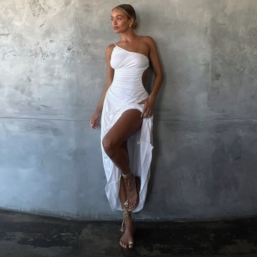 Sexy White Slit Backless Ruched Maxi Dress
