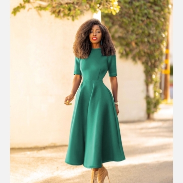 Solid Green Half Sleeve Maxi Dresses For Women