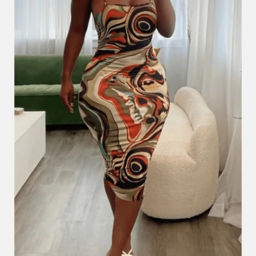 Spaghetti Strap  Printed Backless Sleeveless Dresses