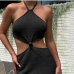 3Street Black Backless Hollow Out Halter Maxi Dress