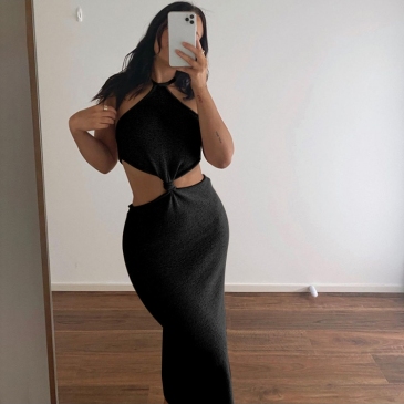 Street Black Backless Hollow Out Halter Maxi Dress