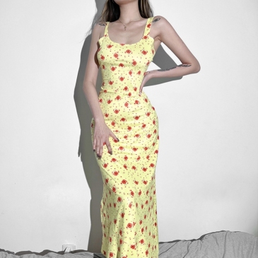 Stylish Yellow Printed Sleeveless Maxi Dress Women