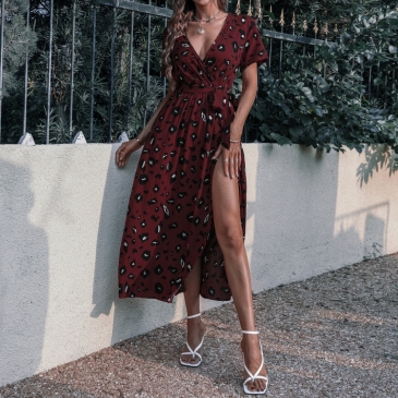 Summer Casual Short Sleeve Slit Maxi Dresses