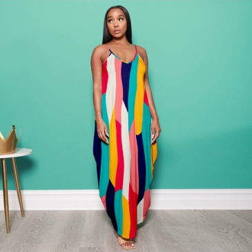 Summer Color Block Spaghetti Strap Maxi Dresses
