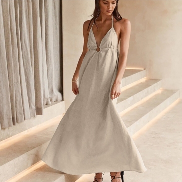 Summer Trends Cotton Linen Halter Backless Long Dress