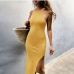 9Temperament Pure Color Crew Neck Slit Dresses