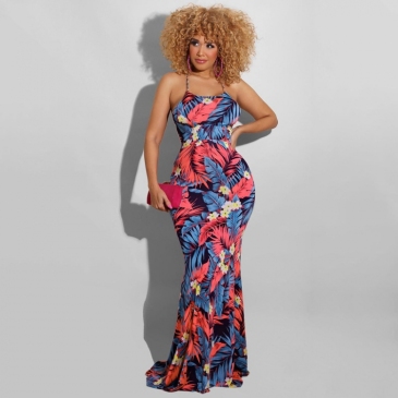 Tie-Wrap Printed Backless Sleeveless Maxi Dresses