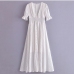 3V Neck Pleated Short Sleeve White Maxi Dresses