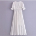 4V Neck Pleated Short Sleeve White Maxi Dresses