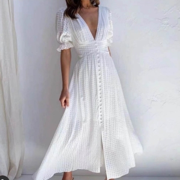 V Neck Pleated Short Sleeve White Maxi Dresses