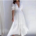 1V Neck Pleated Short Sleeve White Maxi Dresses