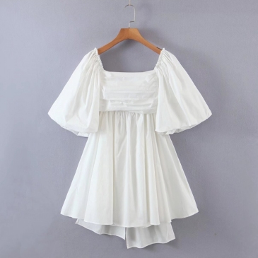 Back Bow Solid Puff Sleeve Summer Dresses