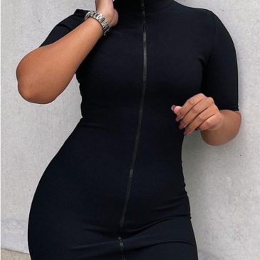 Black Half Sleeve Zipper Front Bodycon Mini Dress