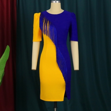 Contrast Color Tassels Short Sleeve Dresses