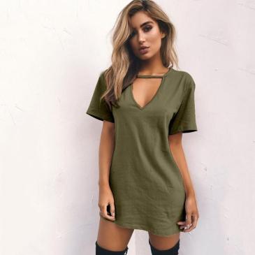 Fashion Solid Hollowed Out V Neck Short Sleeves Dress