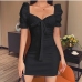 7French Retro Solid Puffy Sleeve Bodycon Dress