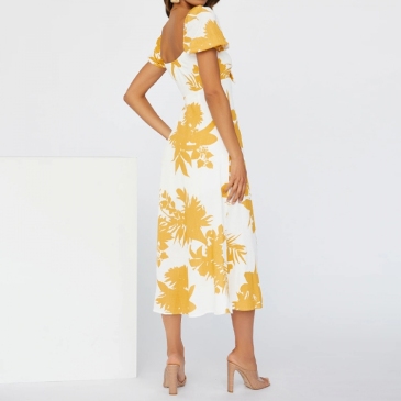 French Style Print Short Sleeve Midi Dress Women