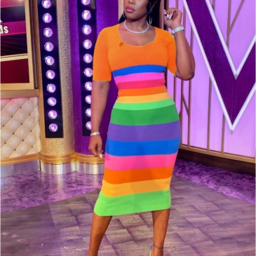 Rainbow Slim Fitted Half Sleeve Dress