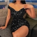 9Sequin Off Shoulder Slit Bodycon Dress