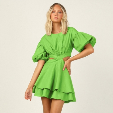Solid Cut Out Puffy Sleeve Tiered Dress