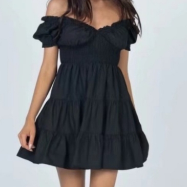 Solid Pleated Puff Short Sleeve Tiered Mini Dress