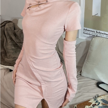 Stylish Pink Bodycon Slit Mini Dress With Sleeves
